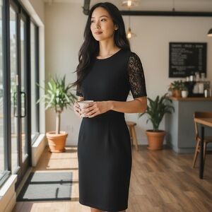 French Connection Black Lace Sleeves & Side Midi Dress Back Zip Sz. 8